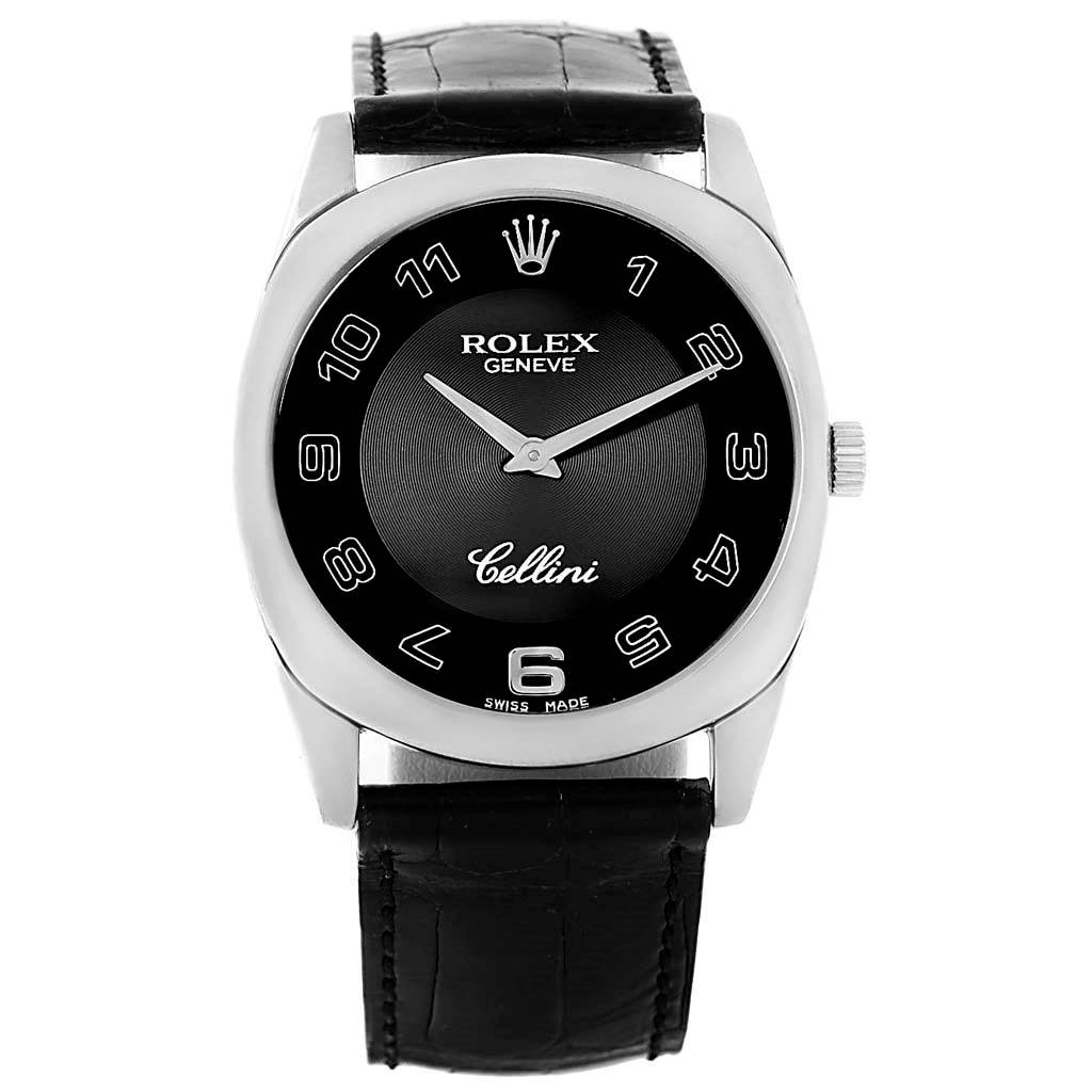 This Rolex Cellini 4233 Men's White Gold Black Dial 4233 Men's White Gold Black Dial watch is shown from a front angle, displaying the face, dial, crown, and leather strap.