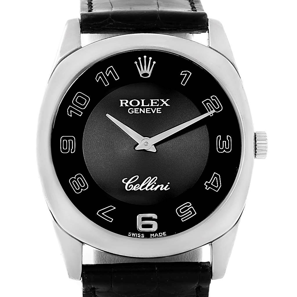 The image shows a front view of a Rolex Cellini 4233 Men's White Gold Black Dial 4233 Men's White Gold Black Dial watch, highlighting its dial, hands, numerals, and crown.