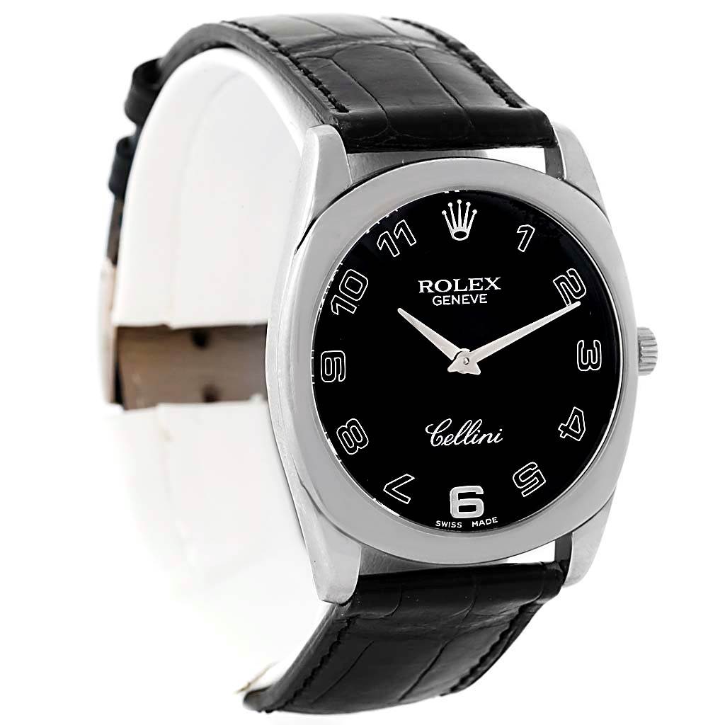 This image shows a Rolex Cellini 4233 Men's White Gold Black Dial 4233 Men's White Gold Black Dial watch at a three-quarter angle, displaying the black dial, silver hands, numerals, and black leather strap.