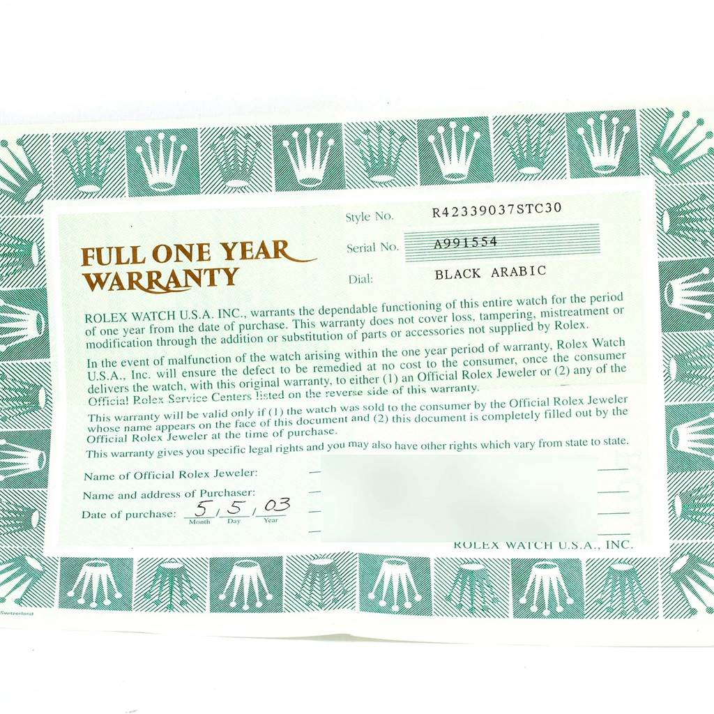 This image shows a full one-year warranty card for a Rolex Cellini 4233 Men's White Gold Black Dial 4233 Men's White Gold Black Dial model watch.