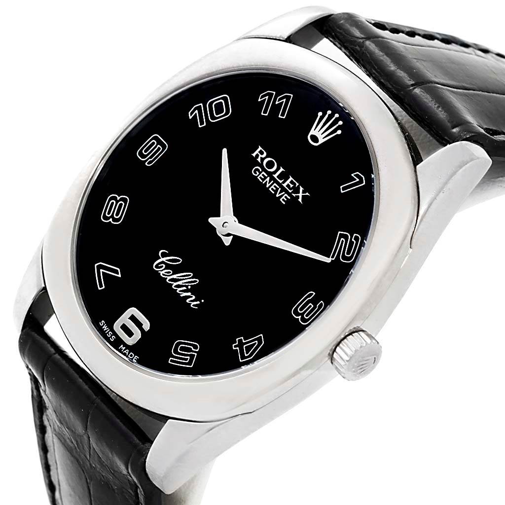 The image shows a Rolex Cellini 4233 Men's White Gold Black Dial 4233 Men's White Gold Black Dial watch face at a slight angle, highlighting the black dial, silver hands, crown, and leather strap.