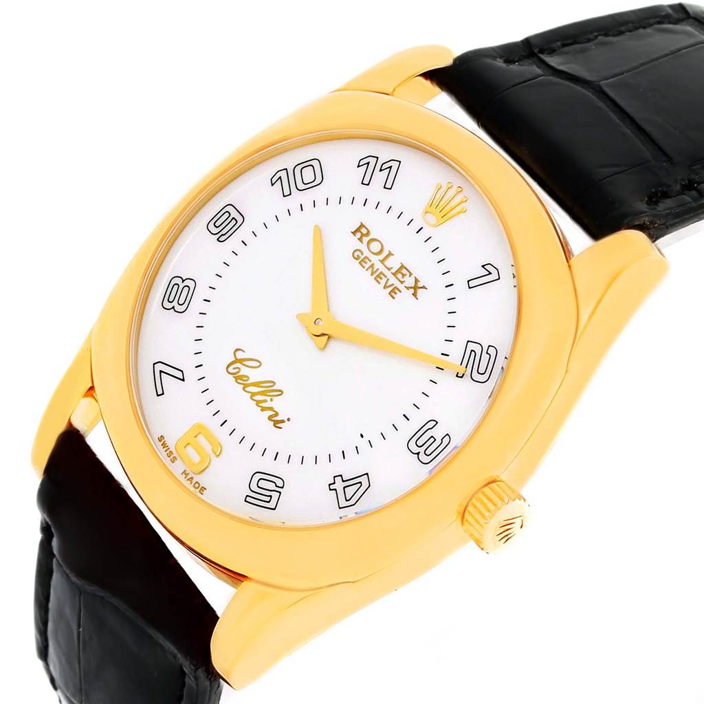 This image shows a Rolex Cellini 4233 Men's Yellow Gold White Dial 4233 Men's Yellow Gold White Dial watch from an angled top view, highlighting the dial, case, and leather strap.
