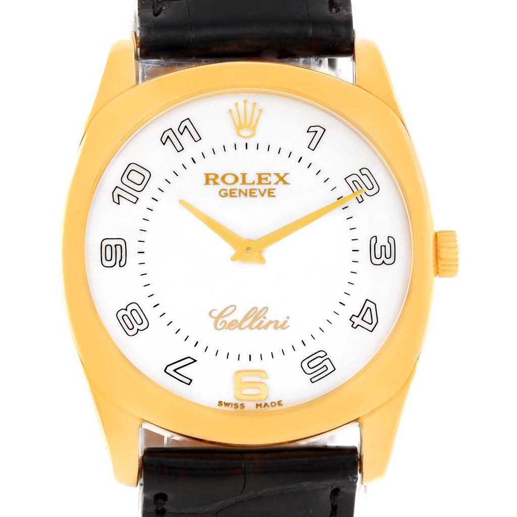 The image shows a frontal view of a Rolex Cellini 4233 Men's Yellow Gold White Dial 4233 Men's Yellow Gold White Dial watch, highlighting the dial, hands, crown, and part of the strap.