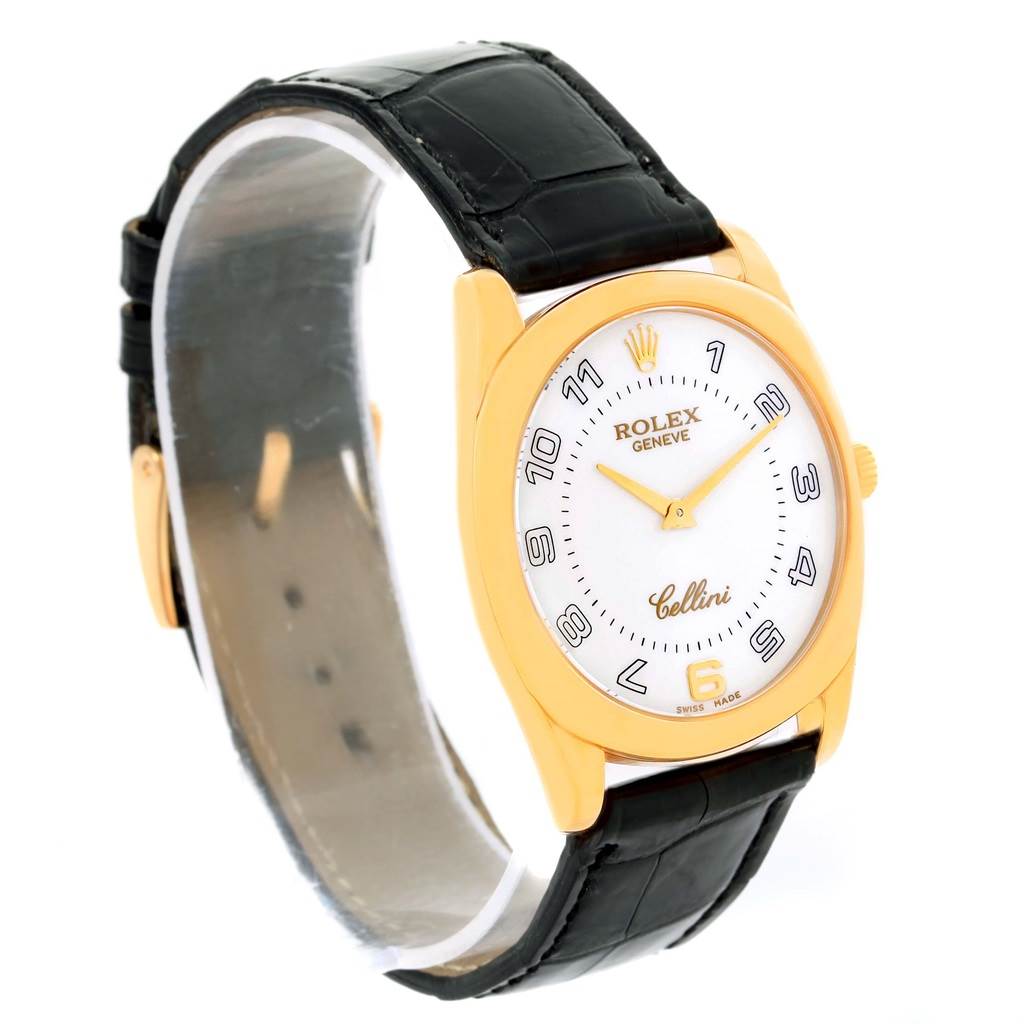 A Rolex Cellini 4233 Men's Yellow Gold White Dial 4233 Men's Yellow Gold White Dial watch viewed from a front-left angle, showcasing its black leather strap, white dial, and gold case.