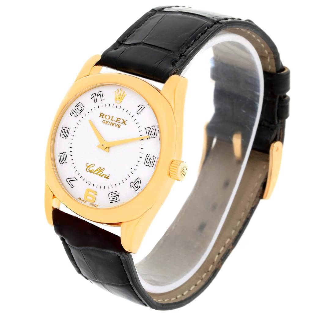The image shows a Rolex Cellini 4233 Men's Yellow Gold White Dial 4233 Men's Yellow Gold White Dial watch at an angled front view, highlighting its round dial, gold case, and black leather strap.