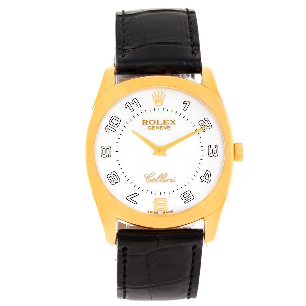 The image shows a Rolex Cellini 4233 Men's Yellow Gold White Dial 4233 Men's Yellow Gold White Dial watch from a front view, highlighting its face, golden case, and black leather strap.