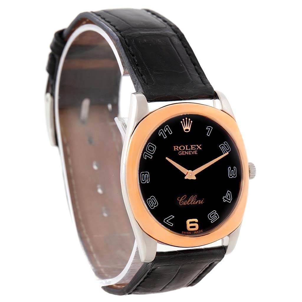 The Rolex Cellini 4233 White Gold Black Dial 4233 White Gold Black Dial watch is shown at an angle displaying the black leather strap, black dial, and rose gold bezel.