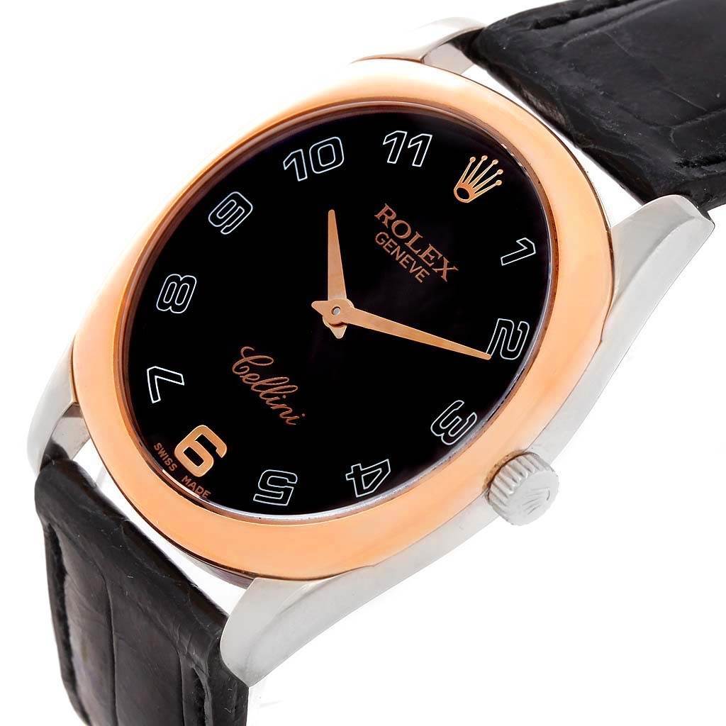 This Rolex Cellini 4233 White Gold Black Dial 4233 White Gold Black Dial watch is shown at a slight angle displaying its black dial, rose gold bezel, and black leather strap.