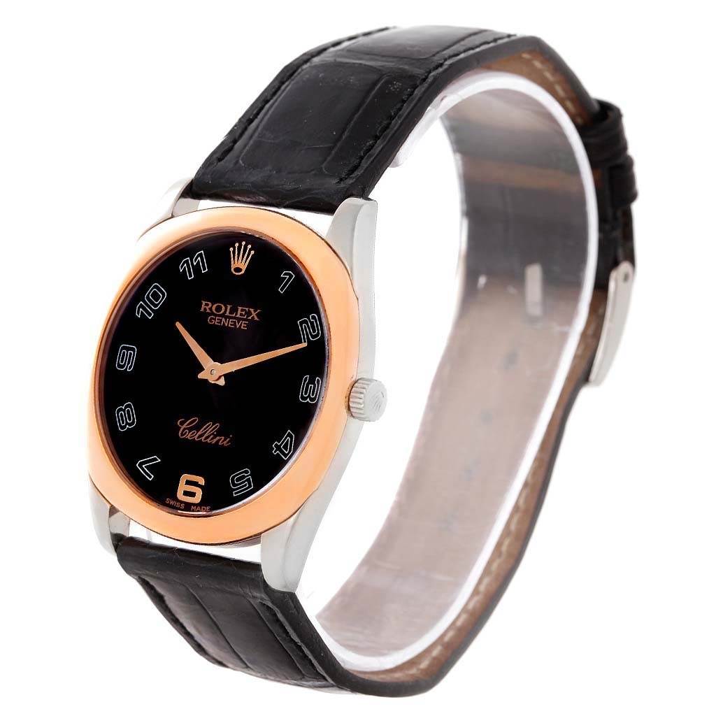 The image shows a side angle of a Rolex Cellini 4233 White Gold Black Dial 4233 White Gold Black Dial watch displaying the face, crown, and leather strap.