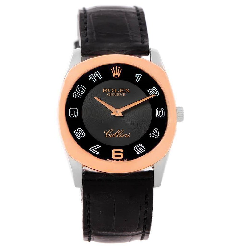 Rolex Cellini Danaos White and Rose Gold Black Strap Watch 4233 Box SwissWatchExpo