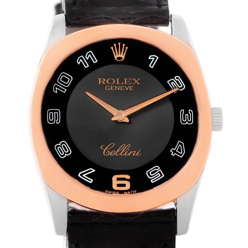 This is a front view of a Rolex Cellini 4233 White Gold Black Dial 4233 White Gold Black Dial watch featuring a black dial, gold hands, a gold bezel, and a leather strap.