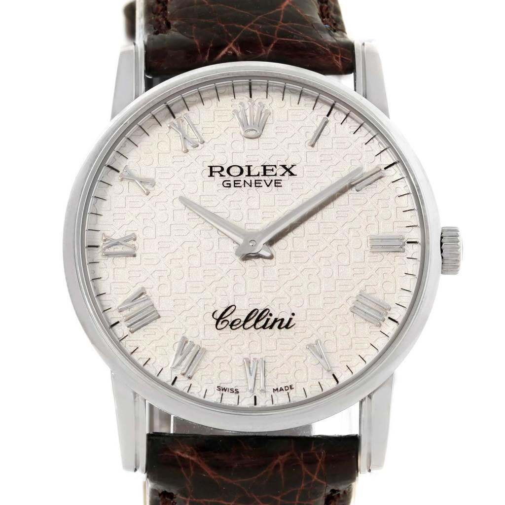 The image shows a frontal view of the Rolex Cellini 5116 White Gold Silver Dial 5116 White Gold Silver Dial watch, highlighting the dial, hour markers, hands, and part of the leather strap.