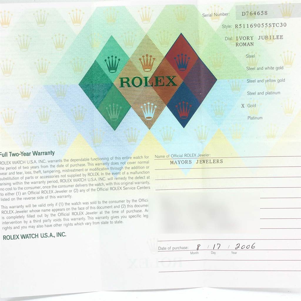 The image shows a warranty card for the Rolex Cellini 5116 White Gold Silver Dial 5116 White Gold Silver Dial model, including details of the serial number, style, and purchase date.