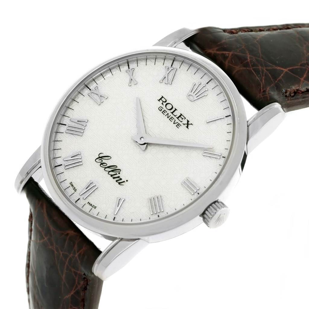 The image shows a close side angle of the face and part of the strap of the Rolex Cellini 5116 White Gold Silver Dial 5116 White Gold Silver Dial watch.