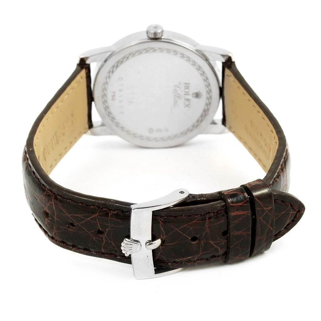 The image shows the back case and leather strap of the Rolex Cellini 5116 White Gold Silver Dial 5116 White Gold Silver Dial watch, viewed from the rear.