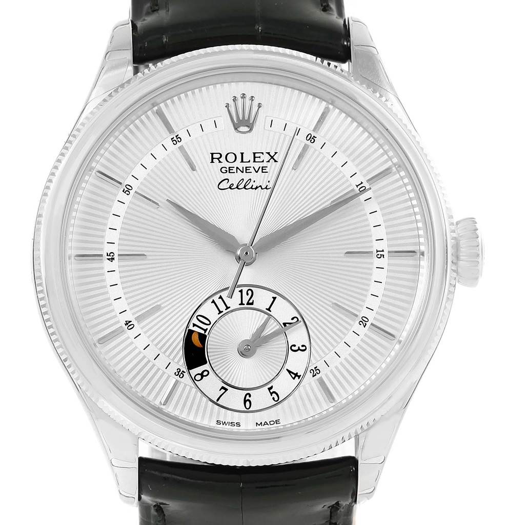 The Rolex Cellini 50529 Men
s White Gold Silver Dial 50529 Men
s White Gold Silver Dial watch is shown from a front angle, displaying its dial, hands, crown, and part of the leather strap.