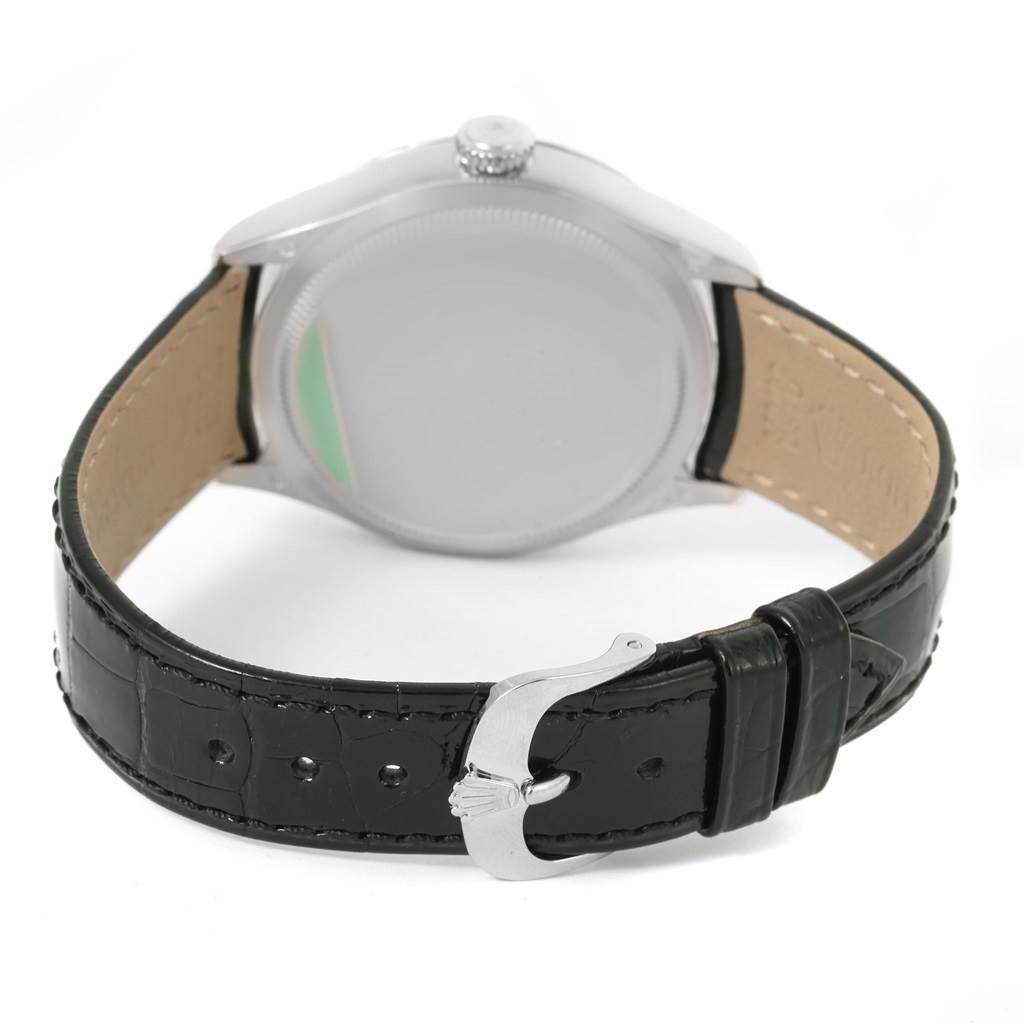 The image shows the back and strap of a Rolex Cellini 50529 Men
s White Gold Silver Dial 50529 Men
s White Gold Silver Dial watch, focusing on the buckle and case back.