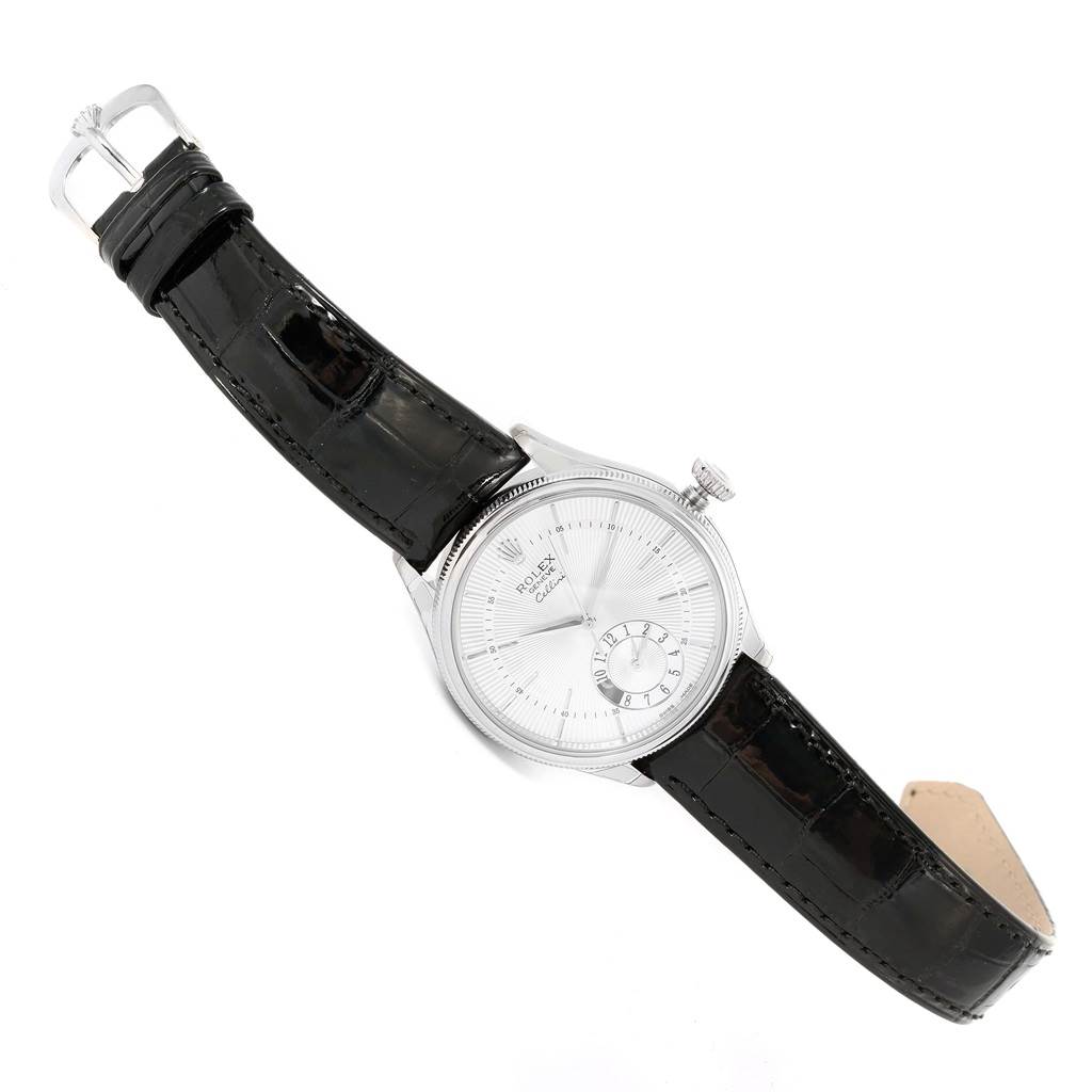 This image shows a silver Rolex Cellini 50529 Men
s White Gold Silver Dial 50529 Men
s White Gold Silver Dial watch with a black leather strap at an angled top-down view.