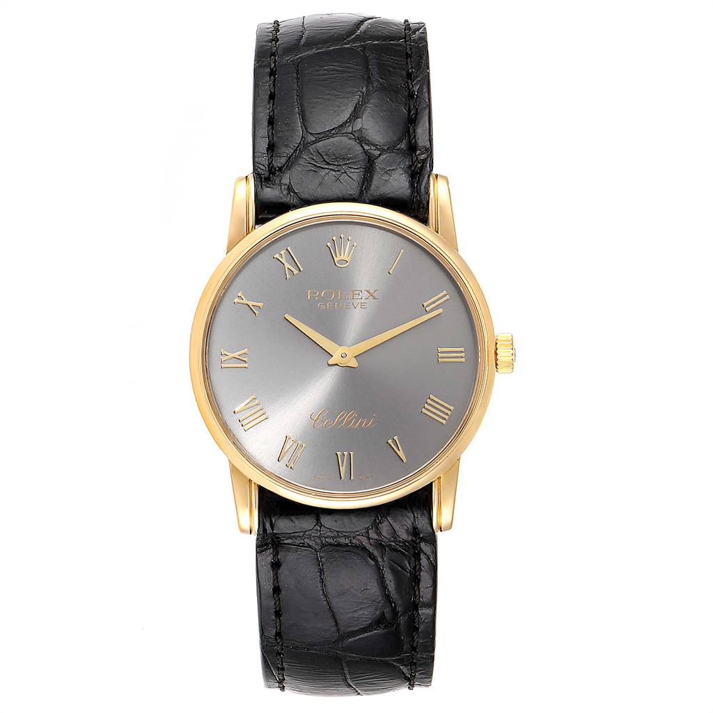 This image shows a front view of a Rolex Cellini 5116 Yellow Gold Grey Dial 5116 Yellow Gold Grey Dial watch featuring a black leather strap and a gold case with a gray dial.