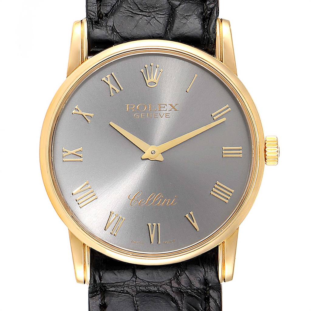 The image shows a frontal view of a Rolex Cellini 5116 Yellow Gold Grey Dial 5116 Yellow Gold Grey Dial watch, focusing on the dial, hands, bezel, and part of the leather strap.