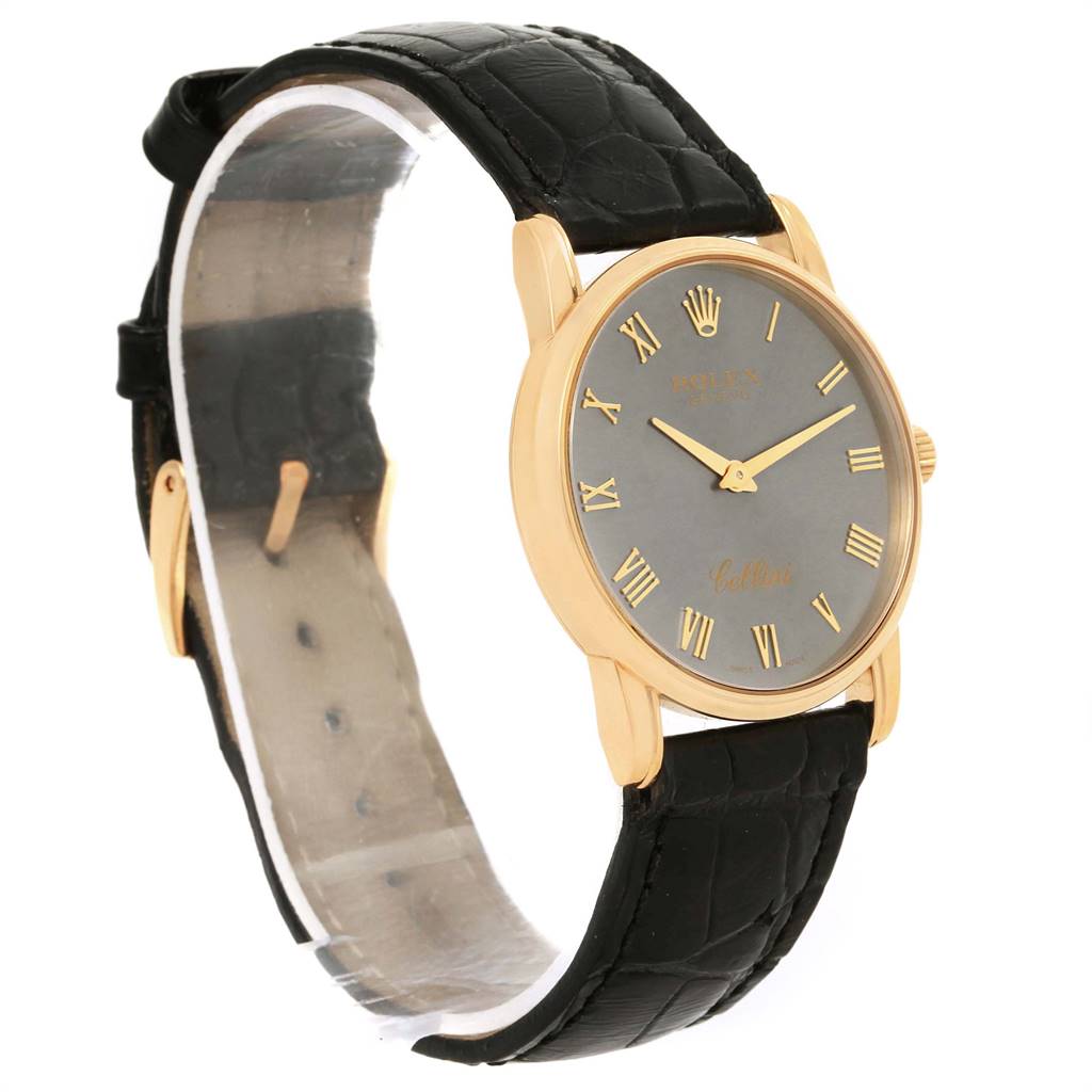This side-angle view shows the face, strap, and clasp of the Rolex Cellini 5116 Yellow Gold Grey Dial 5116 Yellow Gold Grey Dial watch.