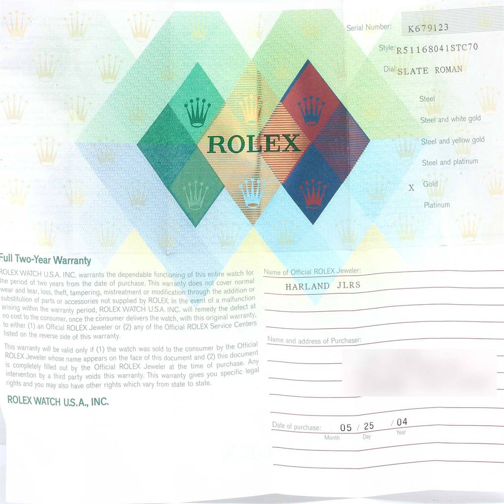 This is a warranty card for a Rolex Cellini 5116 Yellow Gold Grey Dial 5116 Yellow Gold Grey Dial model showing details such as serial number, style, and date of purchase.