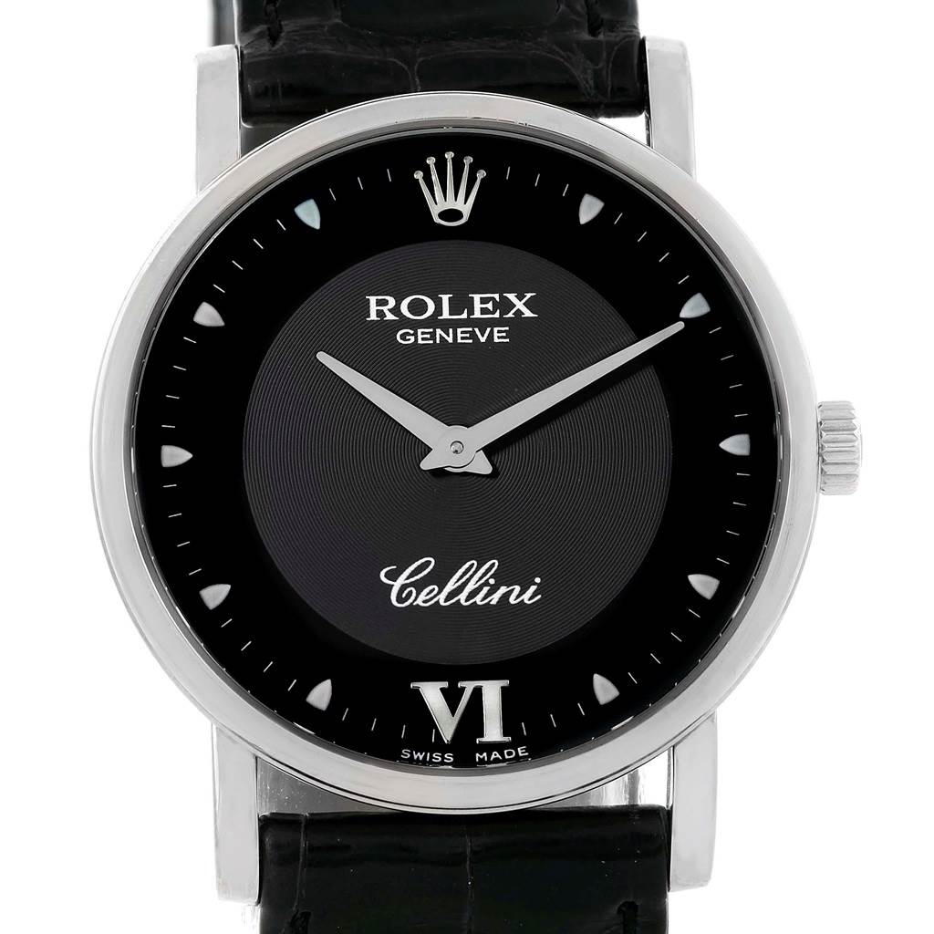 This image shows a front view of a Rolex Cellini 5115 White Gold Black Dial 5115 White Gold Black Dial model watch, highlighting the dial, hands, crown, and part of the strap.