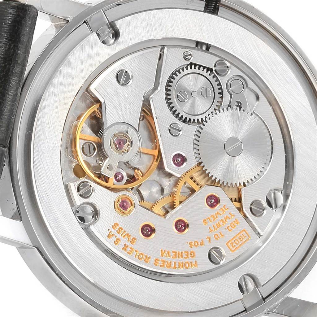 This image shows the intricate mechanical movement of a Rolex Cellini 5115 White Gold Black Dial 5115 White Gold Black Dial watch from the back.