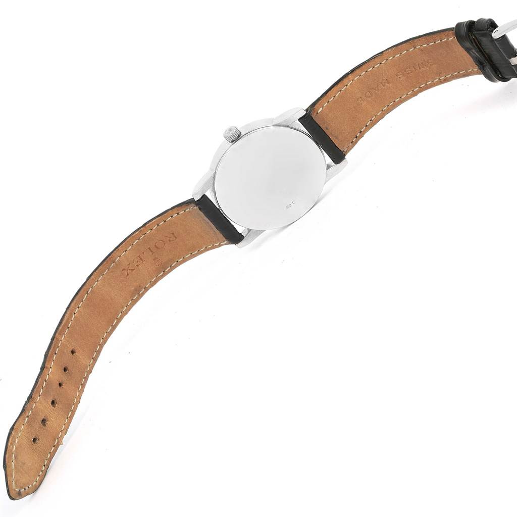 This image shows the back view of a Rolex Cellini 5116 Men's White Gold Grey Dial 5116 Men's White Gold Grey Dial watch, highlighting the leather strap and case back.