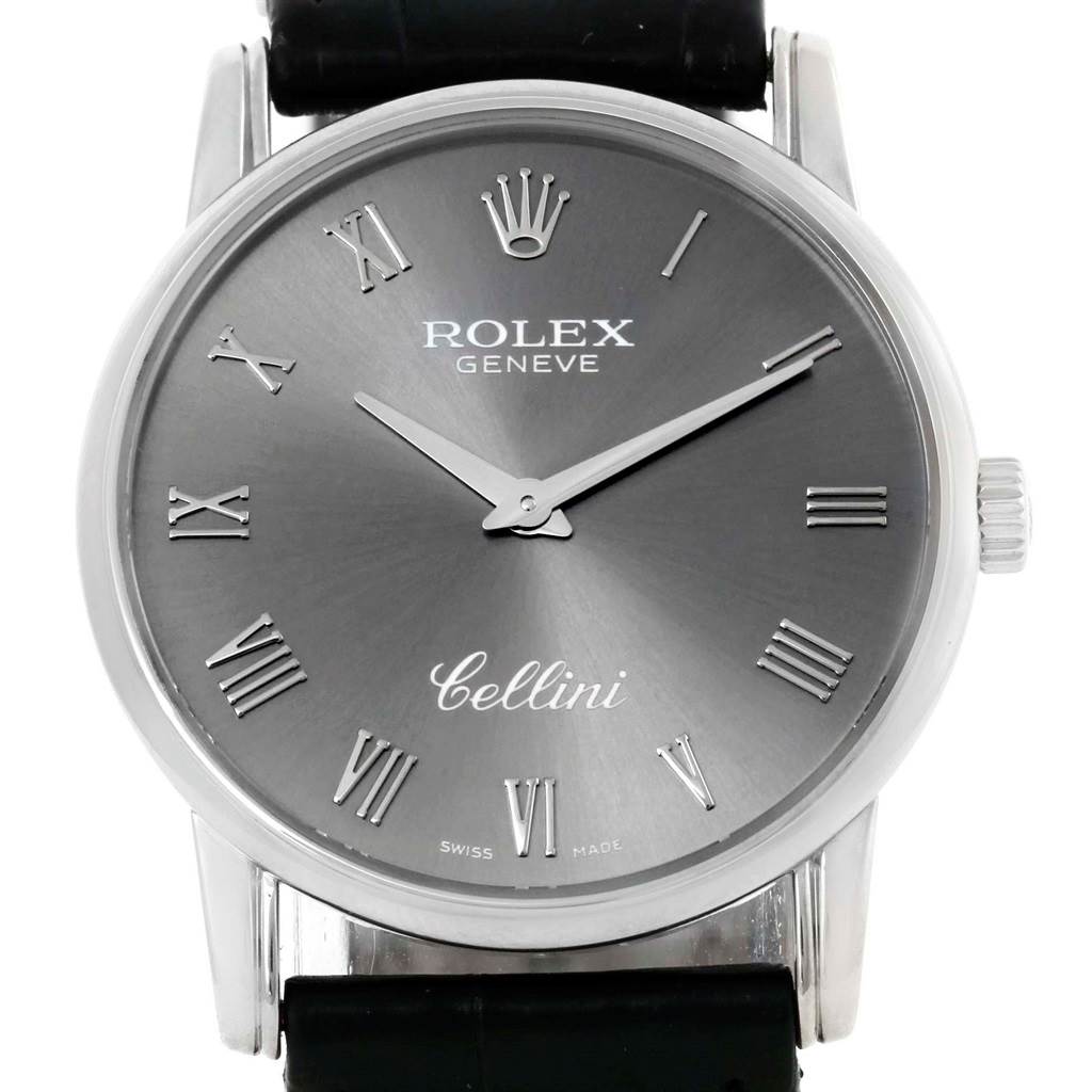 The image shows a frontal view of a Rolex Cellini 5116 Men's White Gold Grey Dial 5116 Men's White Gold Grey Dial watch displaying the dial, hands, crown, and part of the strap.