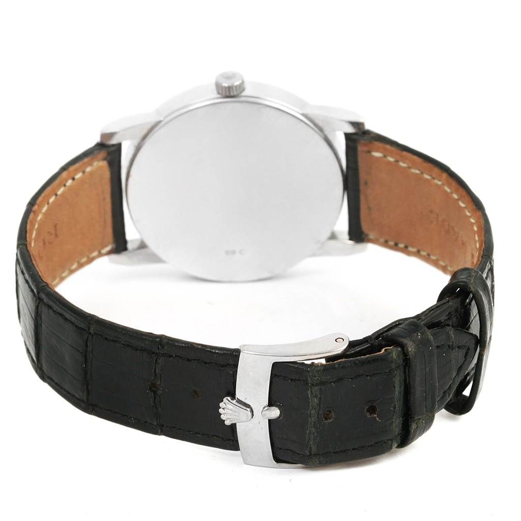 This image shows the back view of a Rolex Cellini 5116 Men's White Gold Grey Dial 5116 Men's White Gold Grey Dial watch, including its caseback, strap, and buckle.