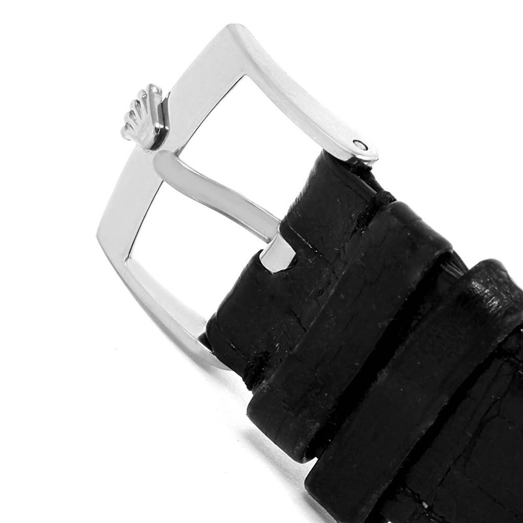 The image shows a close-up of the buckle and leather strap of a Rolex Cellini 5116 Men's White Gold Grey Dial 5116 Men's White Gold Grey Dial watch.