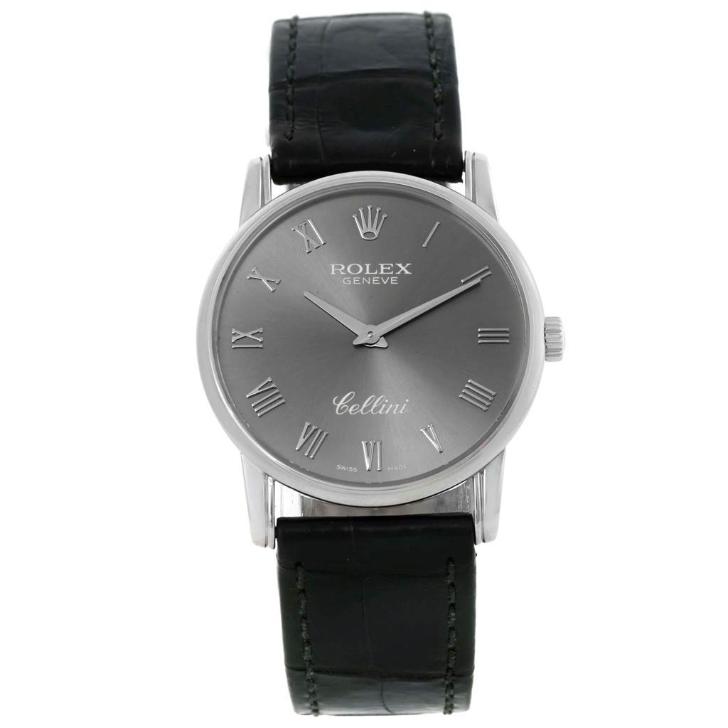 The image shows a front view of a Rolex Cellini 5116 Men's White Gold Grey Dial 5116 Men's White Gold Grey Dial watch, featuring its dial, hands, Roman numerals, and leather strap.