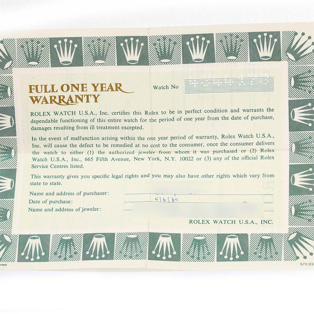 The image shows a full one-year warranty certificate for the Cellini model by Rolex, displaying purchase and jeweler details.