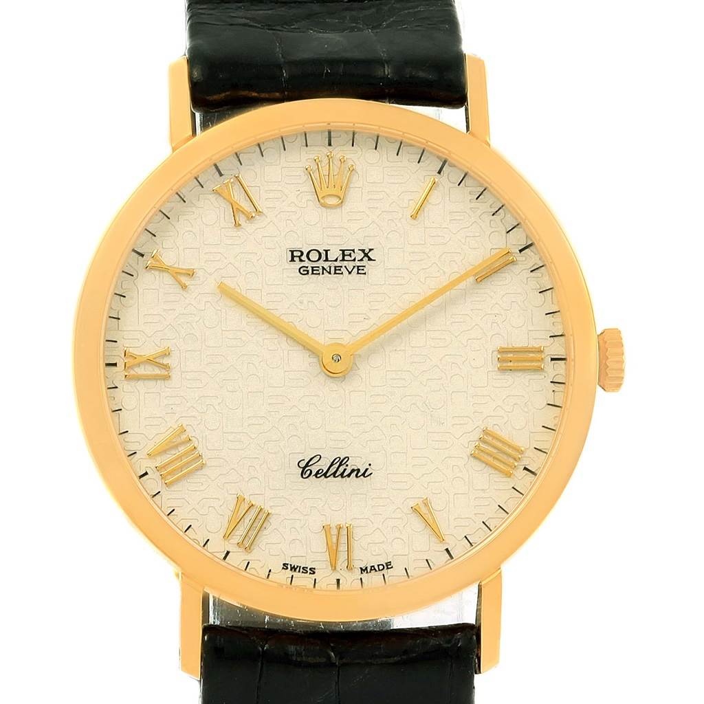 This image shows a front view of a Rolex Cellini 4112 Men's Yellow Gold Beige Dial 4112 Men's Yellow Gold Beige Dial watch, displaying its dial, hands, crown, and part of the strap.
