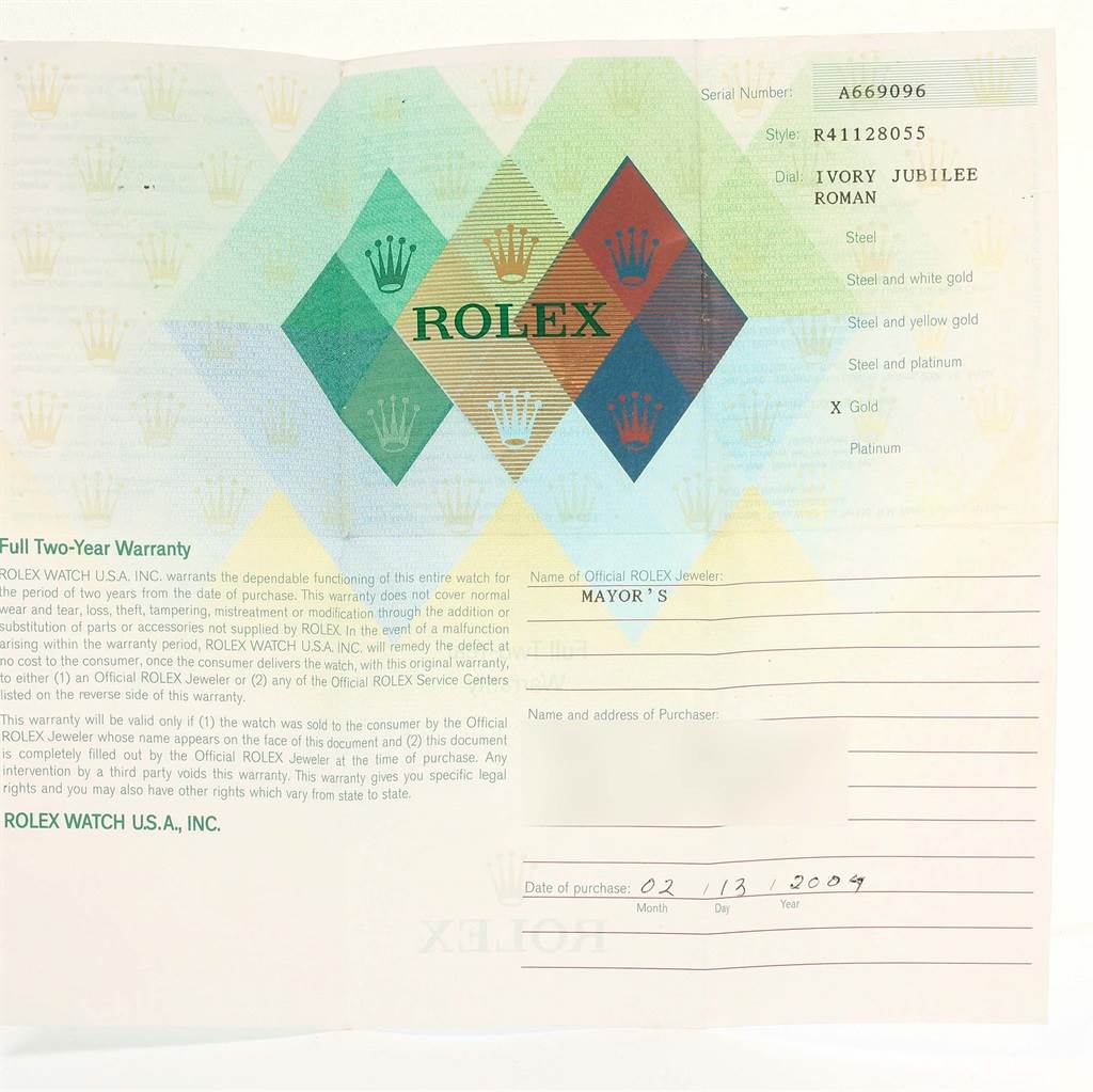 This image shows the warranty card for the Rolex Cellini 4112 Men's Yellow Gold Beige Dial 4112 Men's Yellow Gold Beige Dial model, detailing the serial number, style, dial, and materials.