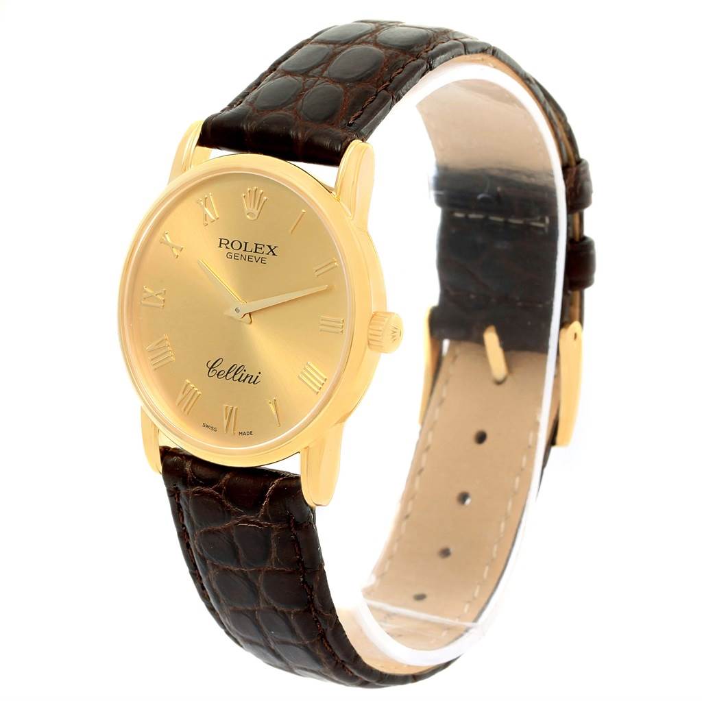 Rolex Cellini Classic 18k Yellow Gold Roman Dial Brown Strap Watch 5116 ...