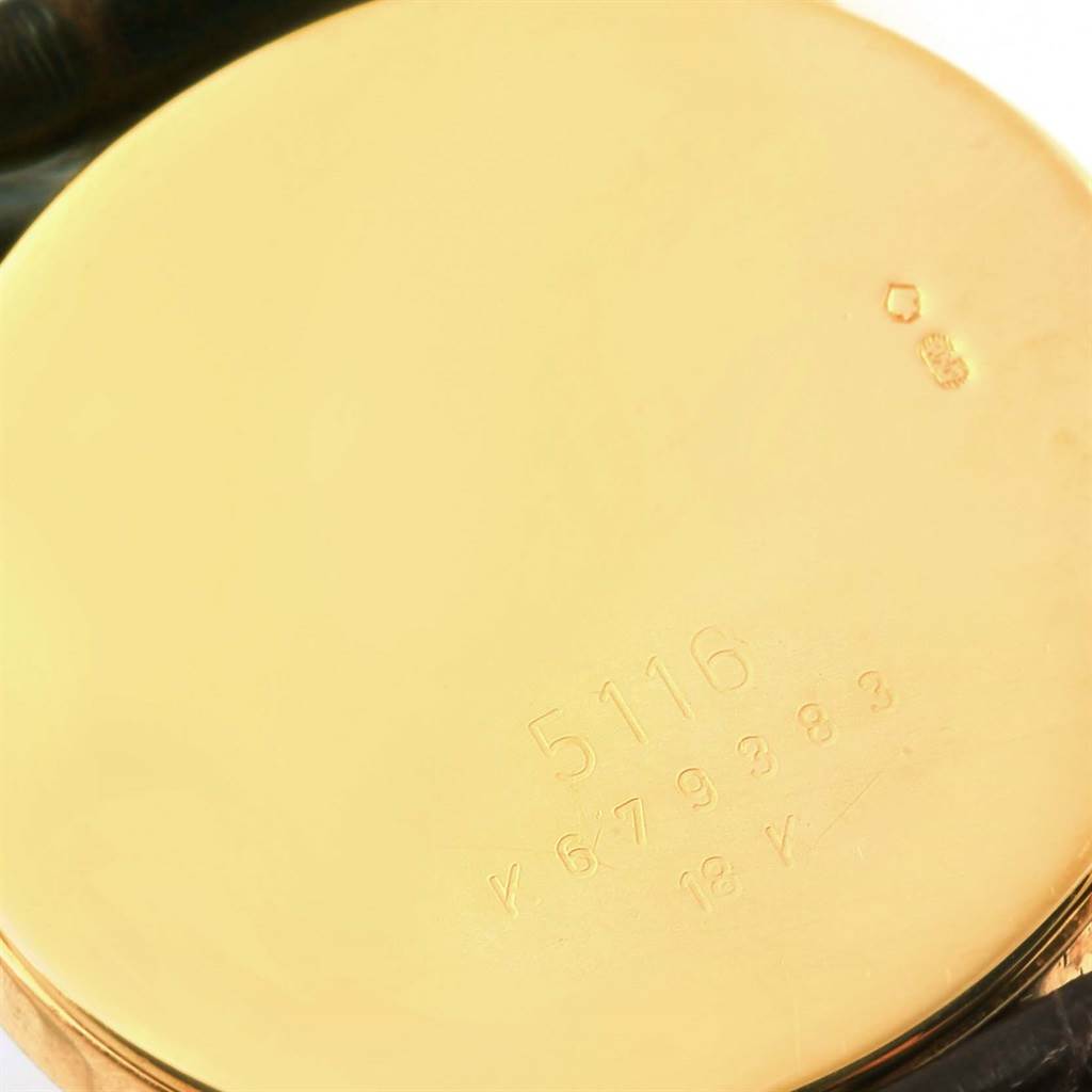 The image shows the back case of a Rolex Cellini 5116 Men's Yellow Gold Champagne Dial 5116 Men's Yellow Gold Champagne Dial model watch, displaying engravings of the model number and 18K gold mark.