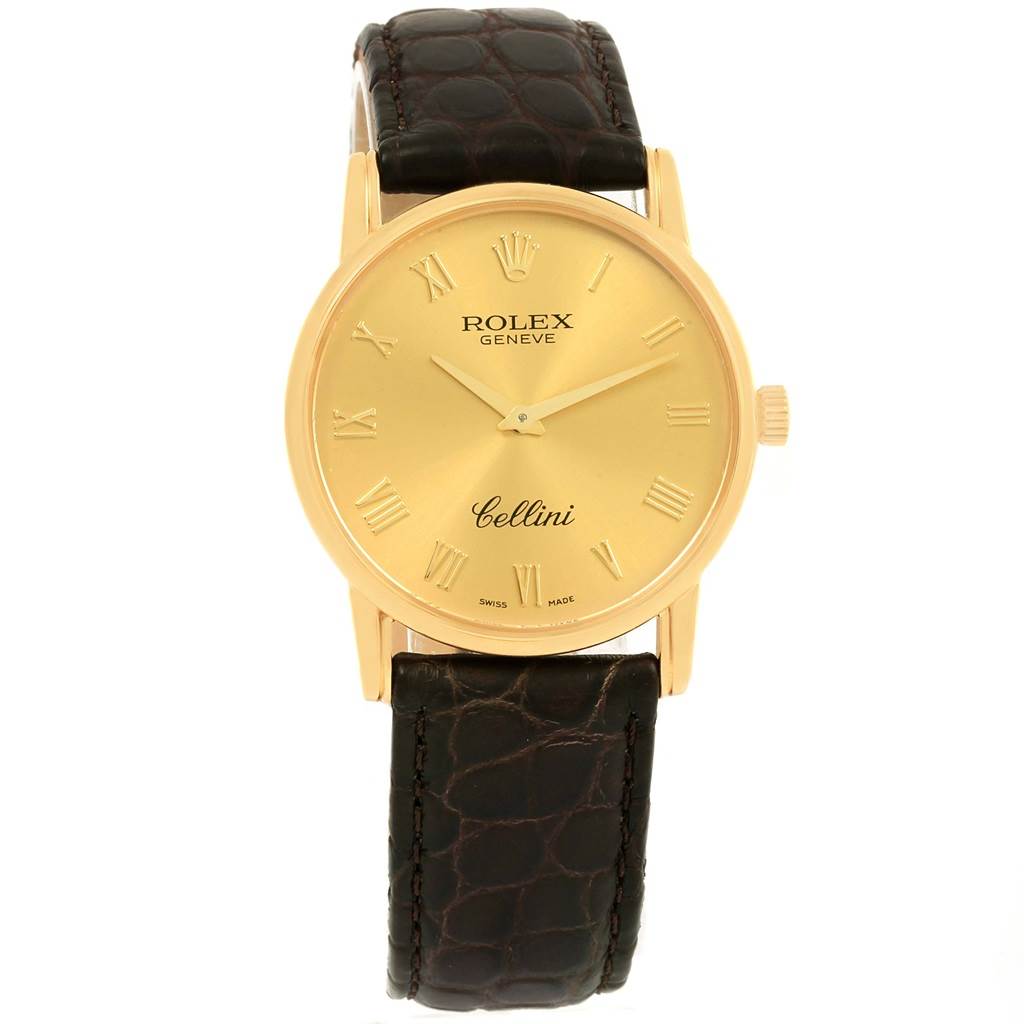 This is a front view of a Rolex Cellini 5116 Men's Yellow Gold Champagne Dial 5116 Men's Yellow Gold Champagne Dial watch, showing the dial, case, and leather strap.
