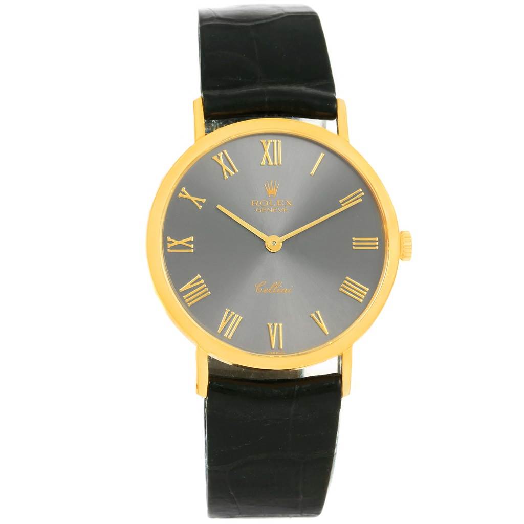 The image shows a front view of a Rolex Cellini 4112 Men's Yellow Gold Grey Dial 4112 Men's Yellow Gold Grey Dial watch, featuring a gold case, black leather strap, and Roman numeral markers.