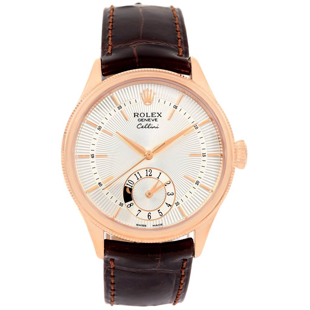 The image shows a Rolex Cellini 50525 Men's Rose Gold Silver Dial 50525 Men's Rose Gold Silver Dial watch from a front angle, highlighting its dial, hands, case, and leather strap.