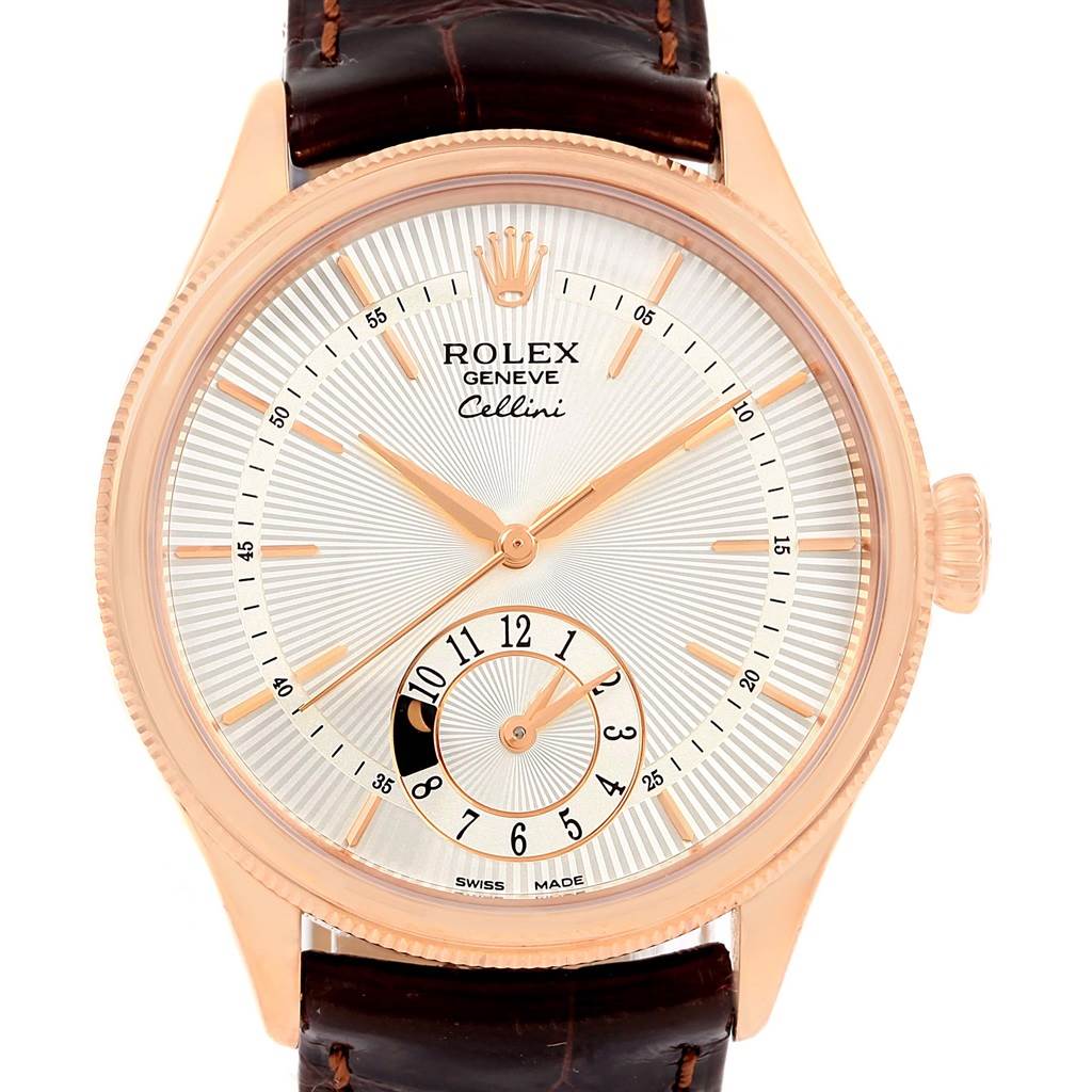 The image shows a front view of the Rolex Cellini 50525 Men's Rose Gold Silver Dial 50525 Men's Rose Gold Silver Dial watch, highlighting the dial, hands, crown, and leather strap.