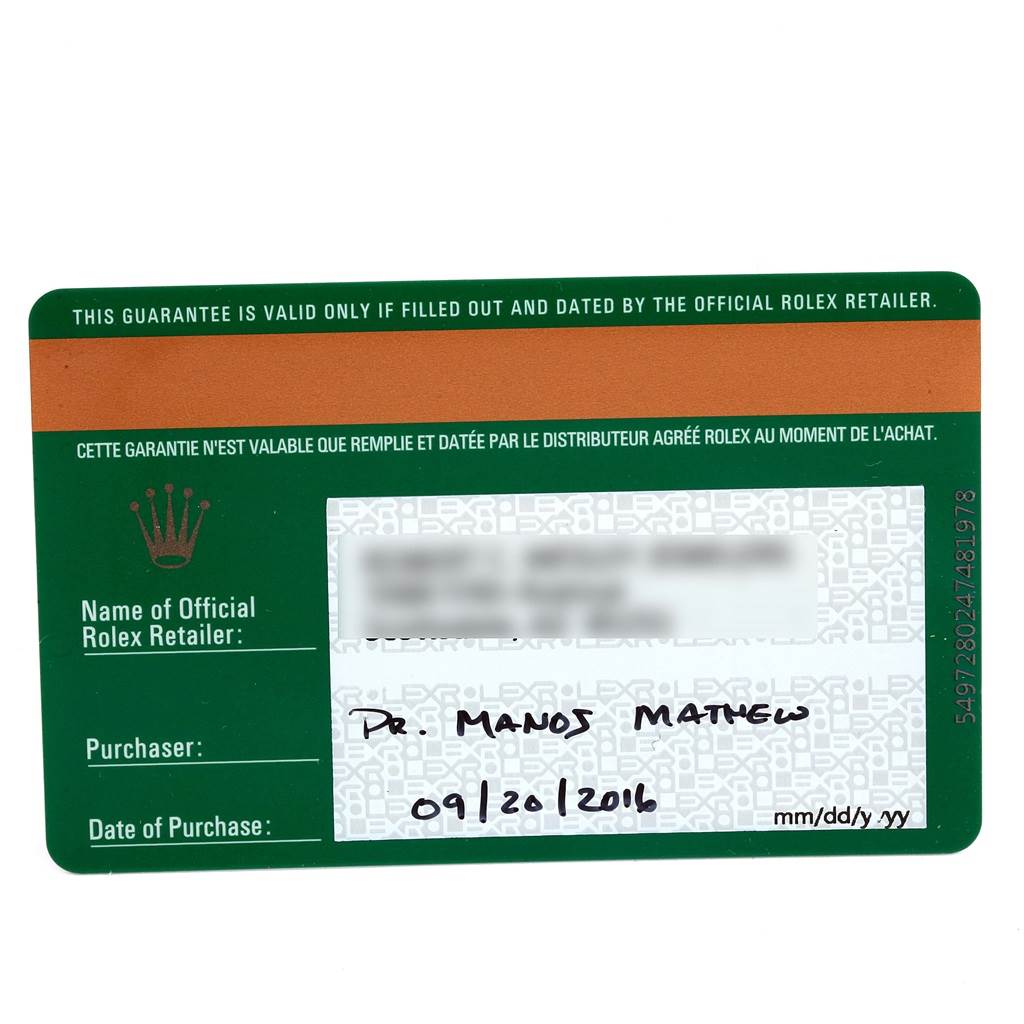 This image shows the guarantee card for a Rolex Cellini 50525 Men's Rose Gold Silver Dial 50525 Men's Rose Gold Silver Dial watch, including details of the official retailer and purchase date.