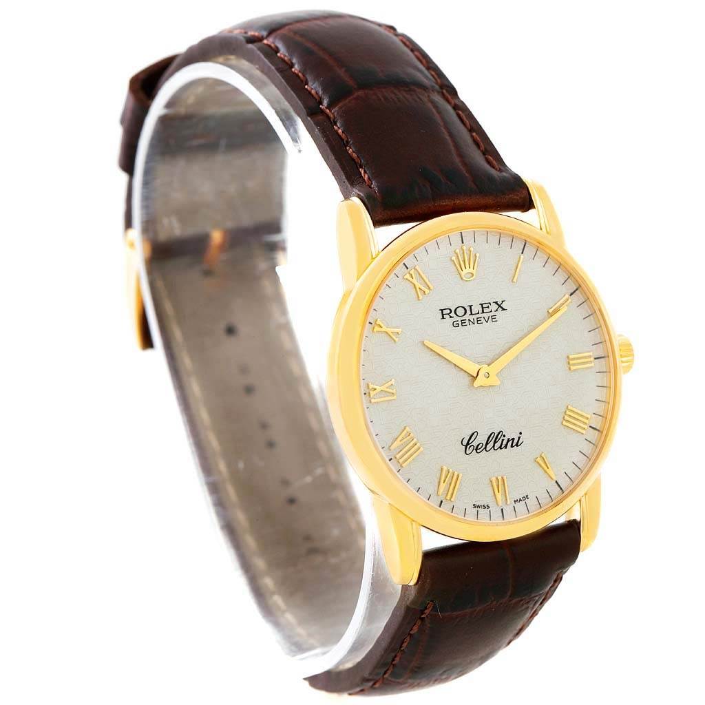 This is a Rolex Cellini 5116 Men's Yellow Gold Beige Dial 5116 Men's Yellow Gold Beige Dial watch showing the face, dial, and brown leather strap from a slightly tilted front angle.