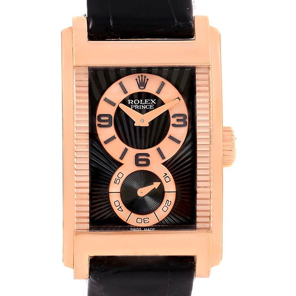 This image shows a frontal view of the Rolex Cellini 5442 Men's Rose Gold Black Dial 5442 Men's Rose Gold Black Dial Prince watch, highlighting its rectangular face and leather strap.