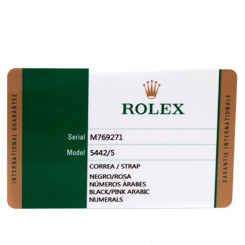 This image shows the international guarantee card for a Rolex Cellini 5442 Men's Rose Gold Black Dial 5442 Men's Rose Gold Black Dial model, detailing the strap color and numeral type.