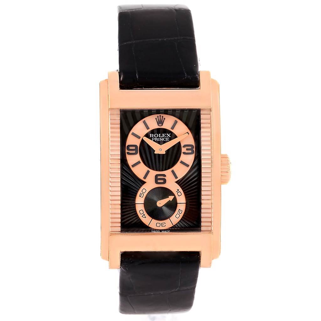 The image shows a frontal view of a Rolex Cellini 5442 Men's Rose Gold Black Dial 5442 Men's Rose Gold Black Dial model watch, featuring a rectangular rose gold case and a black leather strap.