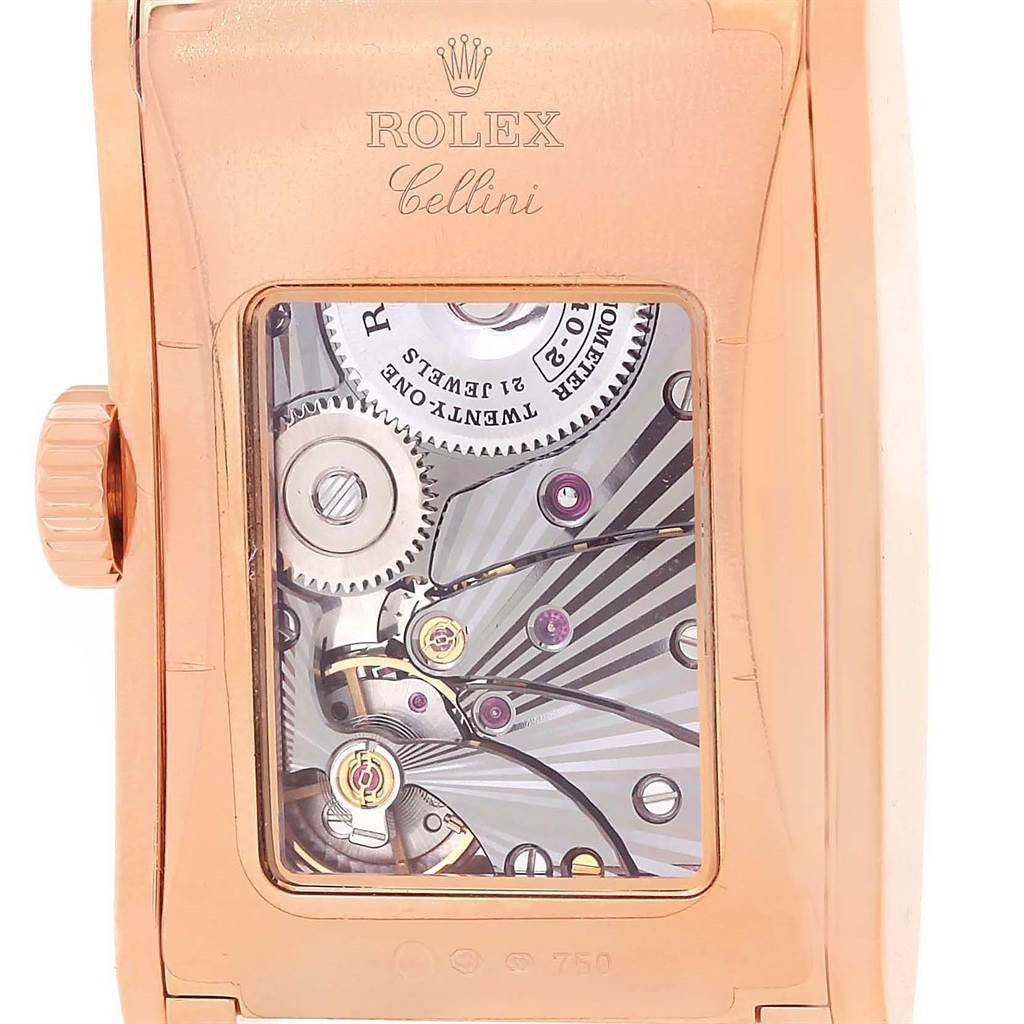This image shows the back view of a Rolex Cellini 5442 Men's Rose Gold Black Dial 5442 Men's Rose Gold Black Dial watch, highlighting the intricate movement and internal mechanisms.