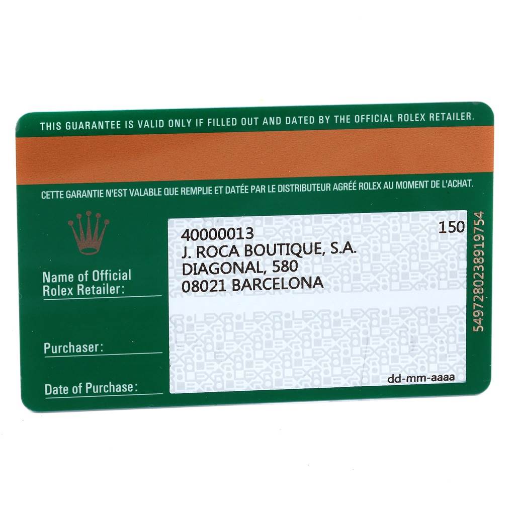 This image shows a warranty card for a Rolex Cellini 5442 Men's Rose Gold Black Dial 5442 Men's Rose Gold Black Dial watch, including the official retailer's information and other purchase details.