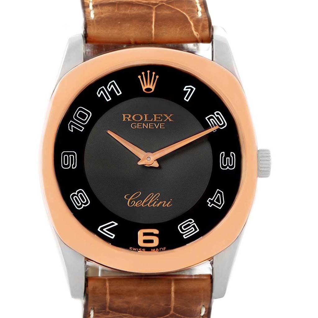 The image shows a front view of a Rolex Cellini 4233 Men's White Gold Black Dial 4233 Men's White Gold Black Dial watch, highlighting its face, bezel, and leather strap.